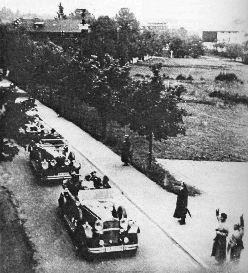 Adolf Hitler's convoy arrive at the the Kurhaus Hanslbauer hotel in Bad Wiessee, just before the SA purge of the Knight of the Long Knifes